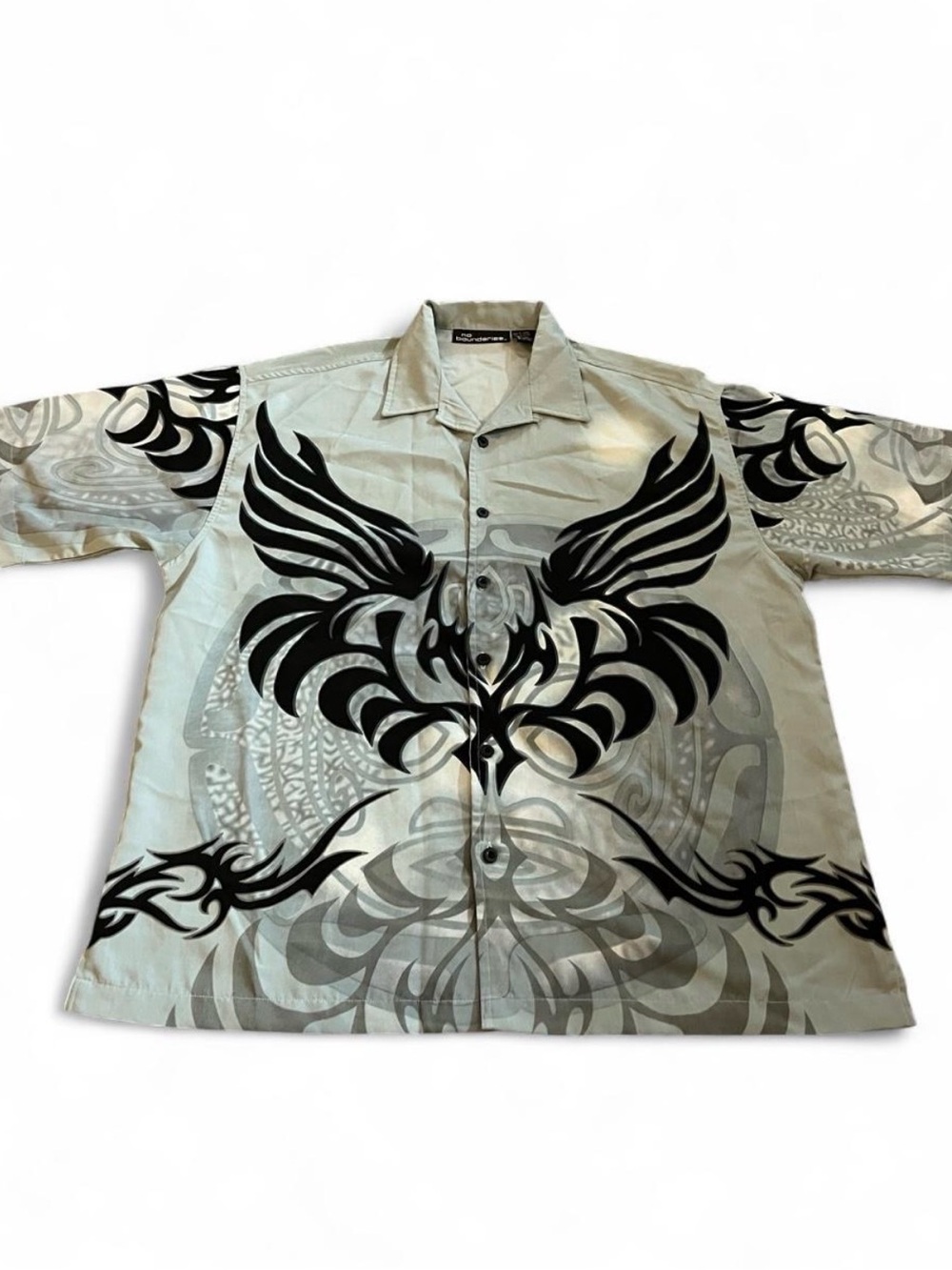 Men’s Y2K No Boundaries Tribal Print Gray/Black Button-Up Shirt Grunge Emo Sz L